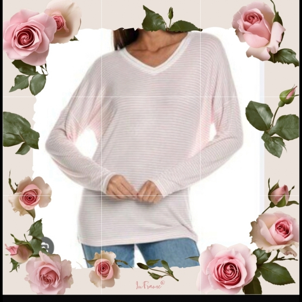 Nwt CAbi Pink and White Striped V-Neck Long Sleeve Top Size Small